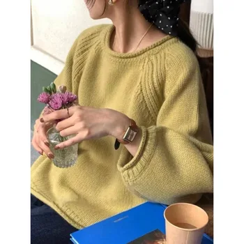 בגדי נשים סוודר חדש לסרוג סגנון קוריאני סתיו חורף אופנה מזדמן ארוכת שרוולים O-צוואר רופף מוצק צבע Pullovers